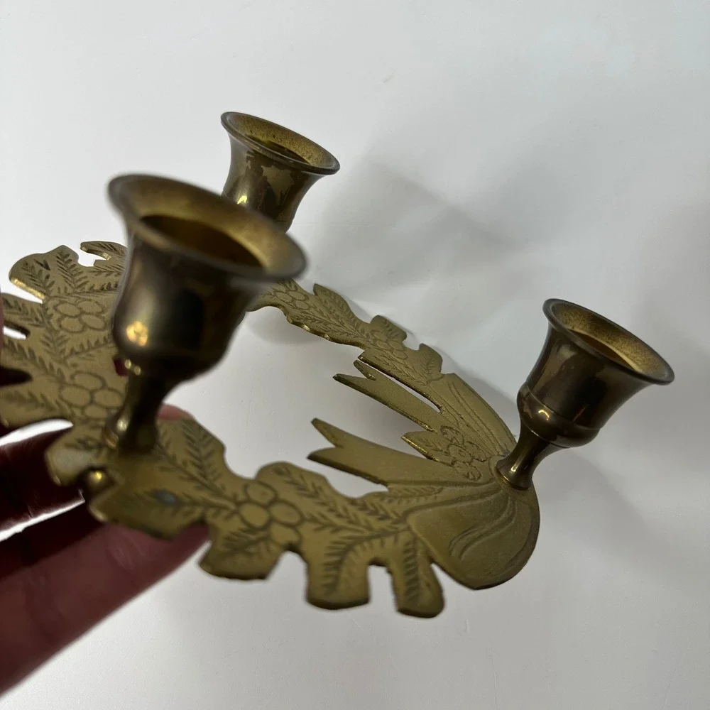Vintage Brass Christmas Wreath Candelabra 3‎ Cup Candle Holder Holly Leaf Bow